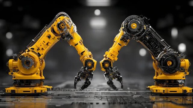 Two yellow industrial robotic arms reach toward each other, their grippers almost touching in a factory setting.