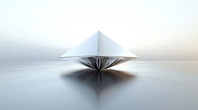 In the pure white space, two stainless steel metal quadrangular pyramid objects are stacked in the center of the picture to form a funnel shape. It is thin in the middle and thick at both ends. The me