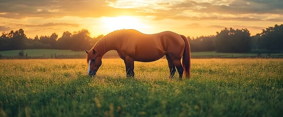 Horse grazing peacefully in a sunlit field during sunset