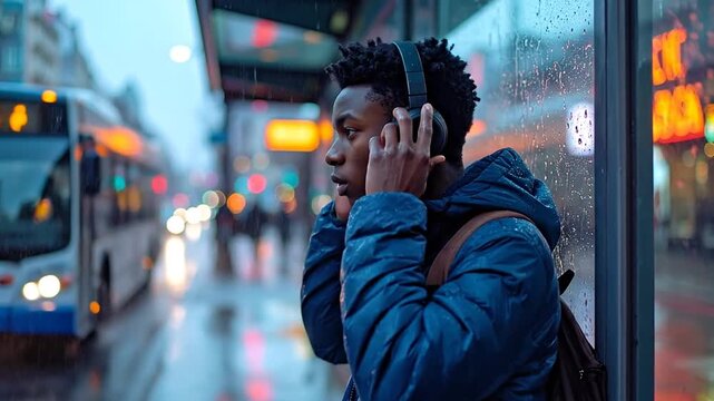 A Rainy Day Commute Young Man Lost in Music at the Bus Stop
