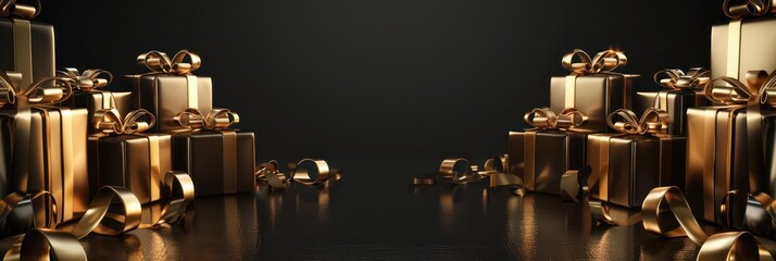 Elegant black friday celebration with luxurious gold gift boxes and stylish decorations. Horizontal banner. Copy space. Free space for text. Boxing Day