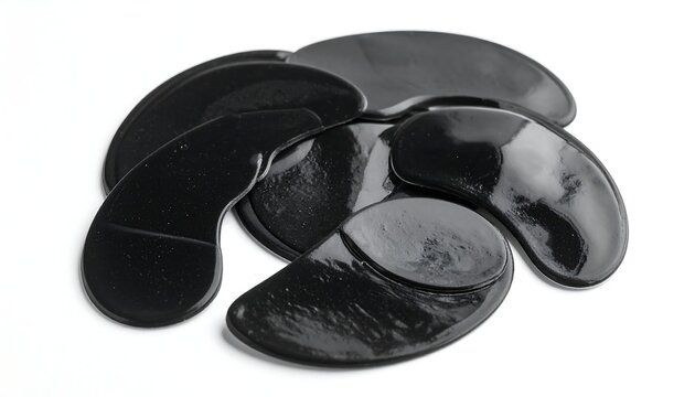 Shiny, black eye mask patches piled on a white surface. Isolated product with clear background