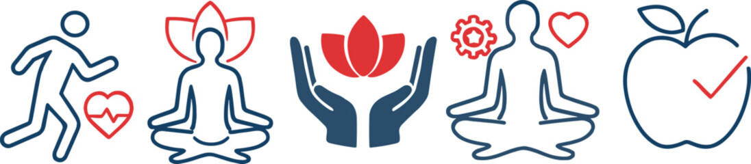 Health and wellness icon set with exercise, meditation, nutrition, emotional care, holistic support, lifestyle balance concept in minimal vector illustration