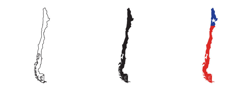 Chile map vector set with editable country outline, black silhouette and national flag design featuring red white and blue colors with white star on white background for education and geography