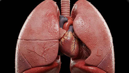 Detailed Human Anatomy: Heart Nestled Between Lungs. detailed close-up illustrating the human cardiopulmonary system. The image clearly displays the two lungs, characterized by a moist, fleshy