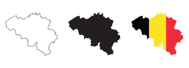 Belgium map vector set with editable country outline black silhouette and national flag design featuring black yellow and red vertical stripes isolated on white for geography travel and education use