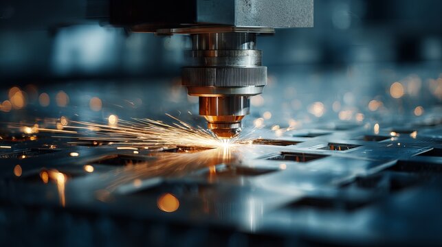 Precision laser cutting machine creating intricate metal patterns with bright sparks flying in a modern industrial setting for innovative manufacturing