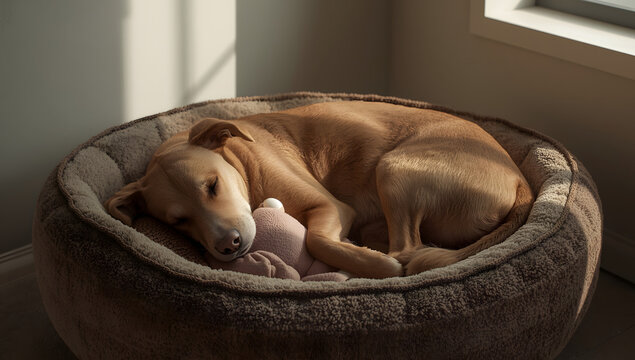 Dog sleeping peacefully in its bed, resting its head on a stuffed animal, bathed in soft sunlight.