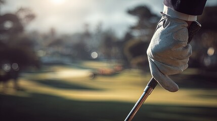 Closeup Golf Glove And Club On Golf Course
