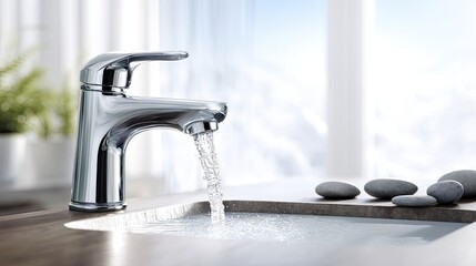 Modern Chrome Faucet With Flowing Water