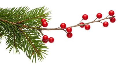 Christmas tree branch with red berries isolated on transparent background