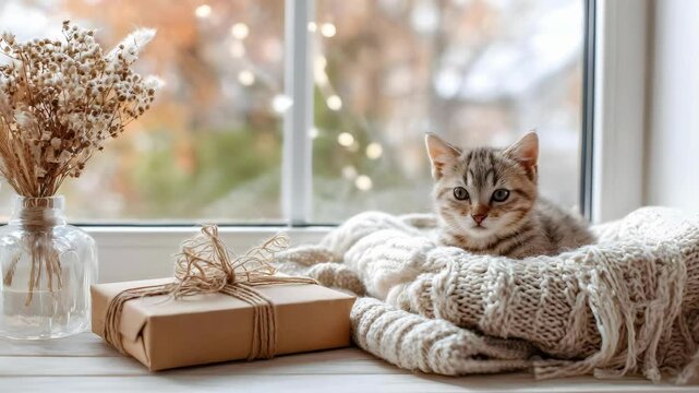 A kitten resting on a cozy knitted blanket beside a wrapped gift, with a vase of dried flowers on the windowsill.