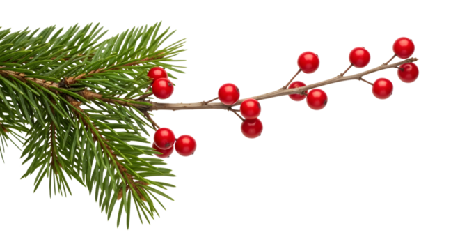 Christmas tree branch with red berries isolated on transparent background