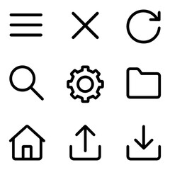 Set of 9 black and white icons representing common interface elements such as navigation, search, settings, home, and file management for digital applications and websites