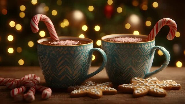 Two blue patterned mugs with candy canes, surrounded by snowflake cookies and warm twinkling Christmas lights.