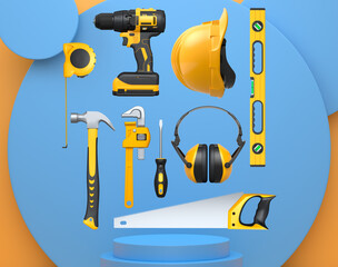 Construction tools and safety equipment floating over podium on abstract background, industrial work and protection concept