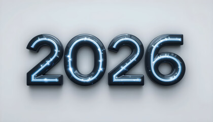 2026 numbers with blue neon light glowing effect on white background year future