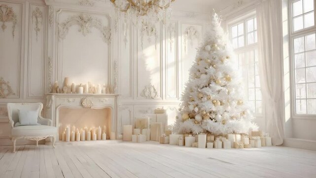 An elegant white room with ornate moldings, a white Christmas tree, wrapped gifts, and many candles.