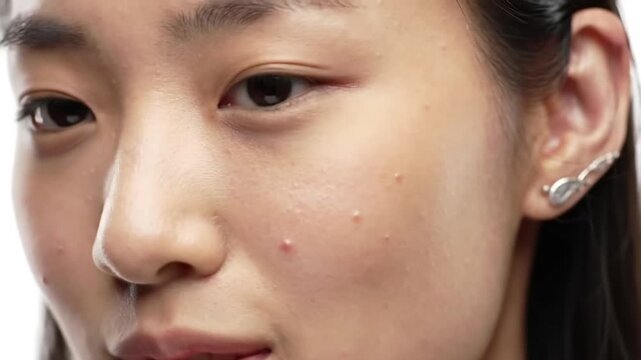 Close-up of a young Asian woman's cheek showing small skin bumps, possibly milia, highlighting a common dermatological condition.