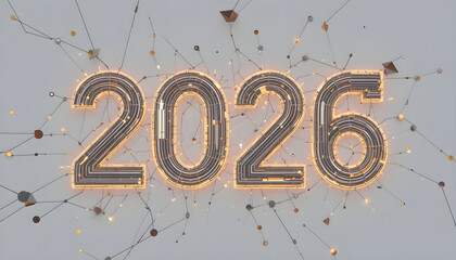 2026 numbers with glowing orange outline and network connections year future