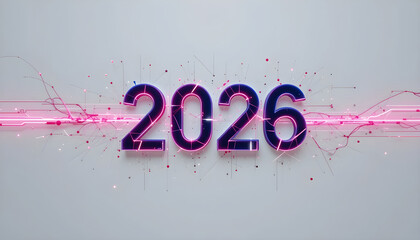 2026 numbers with glowing pink circuit lines and particles text year