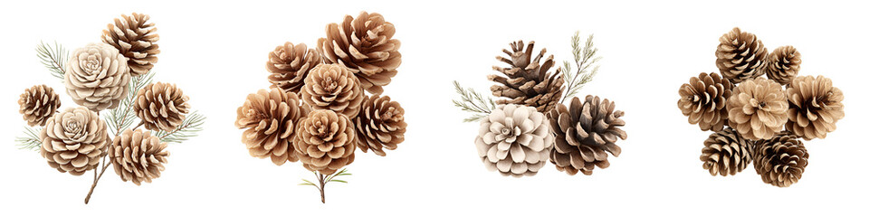 Pine Cones and Sprigs Collection on White Background