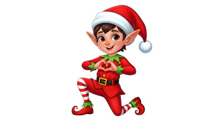 Cute christmas elf kneeling and making a heart shape isolated on transparent background