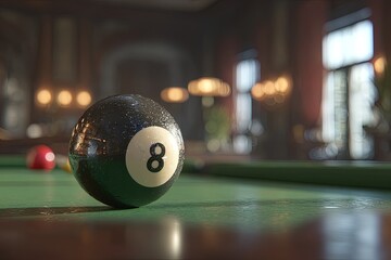 Eight Ball On Wet Pool Table In Dark Restaurant