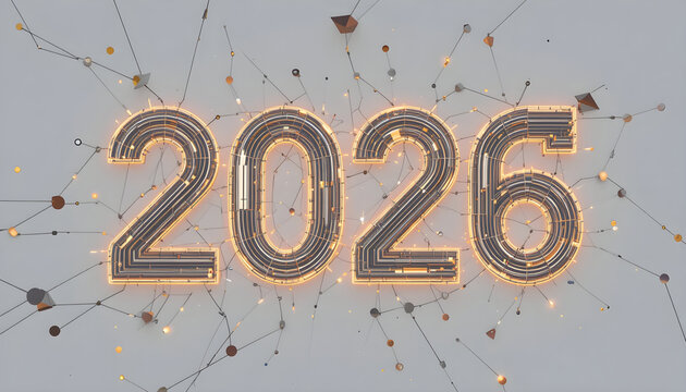 2026 numbers with glowing orange outline and network connections year future