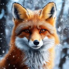 Fototapeta premium Red fox looking at camera in snowy forest during winter daytime