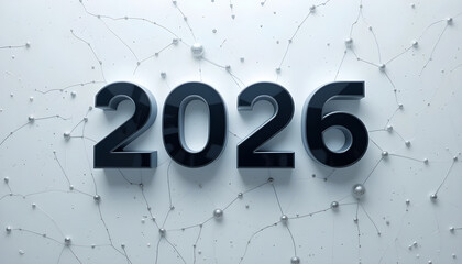 Black 2026 Numbers on White Textured Background with Silver Spheres year future