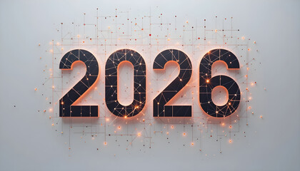 Black 2026 numbers with glowing orange network grid and lights year text