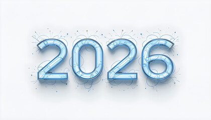 Blue 2026 numbers with abstract lines and dots on white background year future