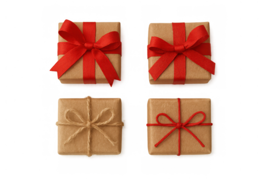 Group of four presents wrapped in brown kraft paper with various red ribbons and natural twine bows, ready for celebration