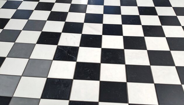 Patterned floor of black, white, and gray square tiles, diagonal layout creating a checkerboard effect, captured at an angle