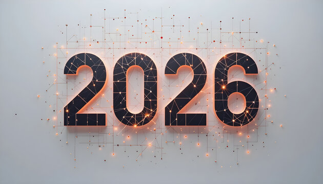Black 2026 numbers with glowing orange network grid and lights year text - Powered by Adobe
