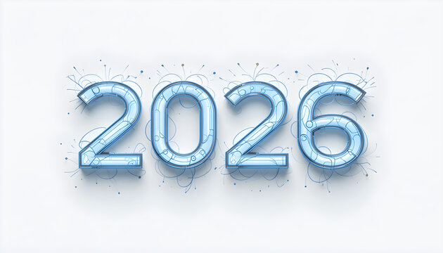 Blue 2026 numbers with abstract lines and dots on white background year future
