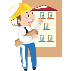 Friendly Male Architect In Hard Hat Holding Blueprint And Pointing At Building Facade With Windows Design Planning Construction