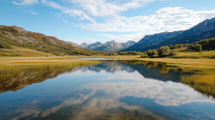 Obraz premium Serene mountain lake reflecting clouds and greenery, showcasing nature beauty and tranquility