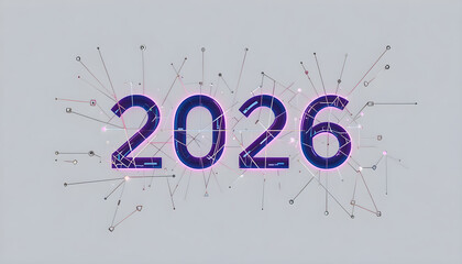 Blue purple 2026 numbers with glowing neon outline and network connections year text