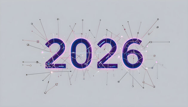 Blue purple 2026 numbers with glowing neon outline and network connections year text
