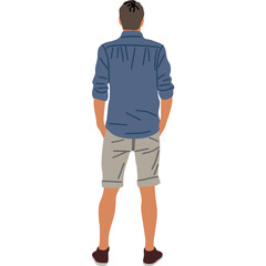 Full Body Back View Of A Man Standing With Hands In Pockets Wearing A Blue Button Down Shirt And Tan Shorts Isolated On White Background