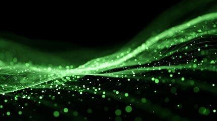 Vibrant green glowing particles flowing across a dark background for a modern technology or science design with stunning energy and movement
