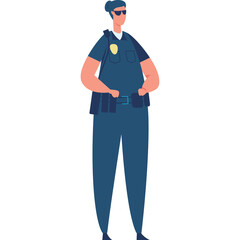 Full body illustration of a male police officer wearing a dark blue uniform and sunglasses standing confidently with a transparent background