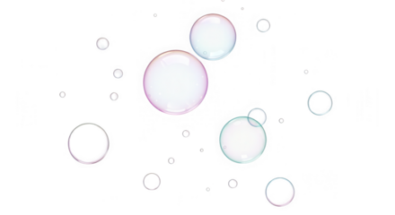 Collection of iridescent soap bubbles floating in the air, isolated on transparent background