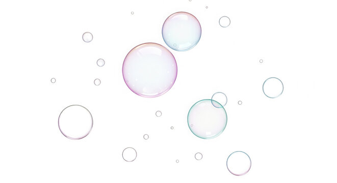 Collection of iridescent soap bubbles floating in the air, isolated on transparent background