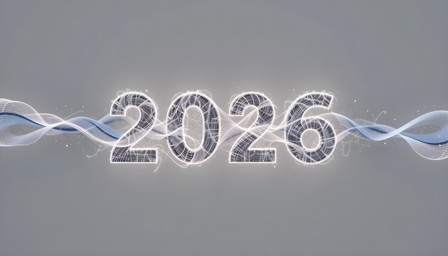 Glowing 2026 numbers with blue and white wavy lines on gray year future