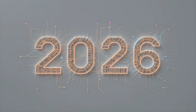 Glowing 2026 numbers with circuit board pattern and small dots year orange