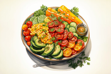 garden salad with tomato, cucumbers, corn, lettuce, and vegetables vector for fresh food and healthy meal concept