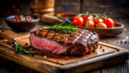 Juicy Grilled Steak on a Wooden Board with Tomatoes and Rosemary